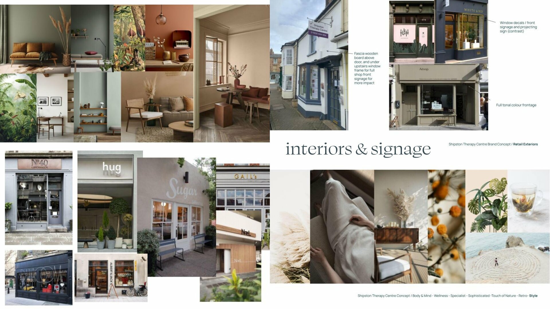 Interiors moodboard for wellbeing therapy center